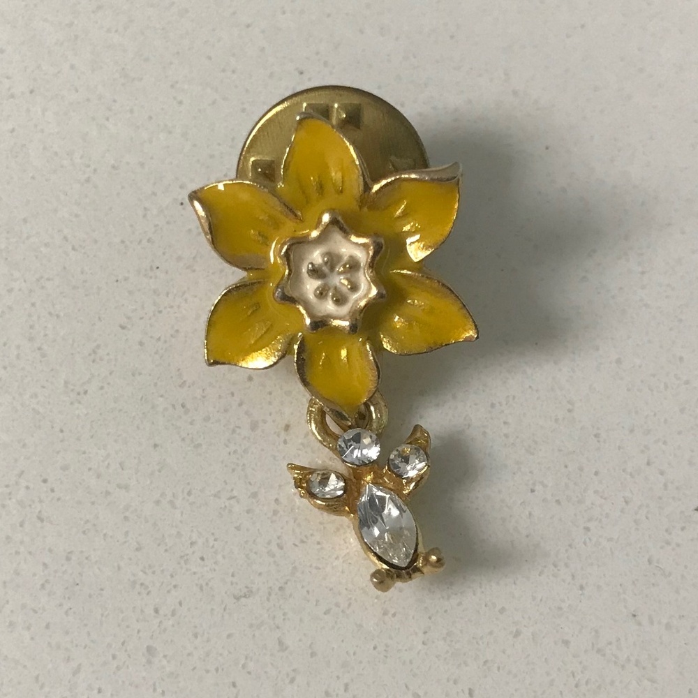 Vintage Yellow Flower and Crystal Dangling Angel Hat /Lapel Pin Brooch